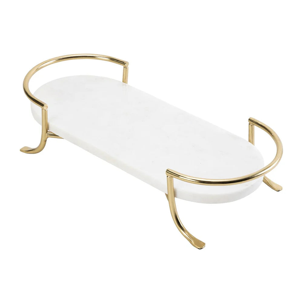 Oval White Marble Tray with Gold Stand