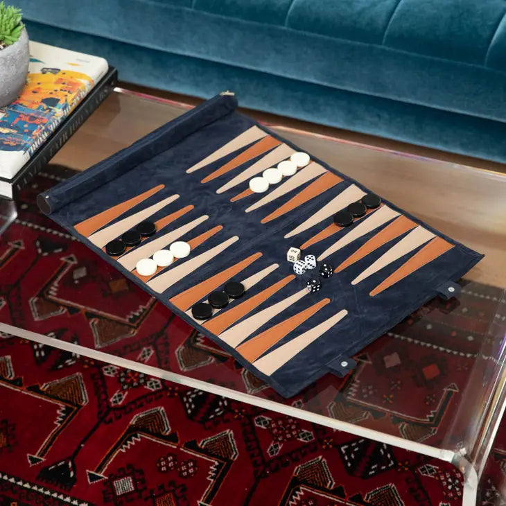 Navy Suede Roll-up Backgammon Travel Set