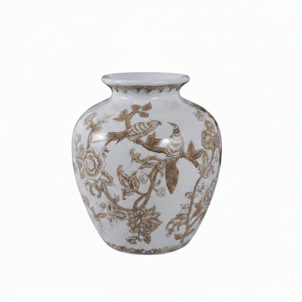 Brown Ceramic Birds and Vine Vase 10in