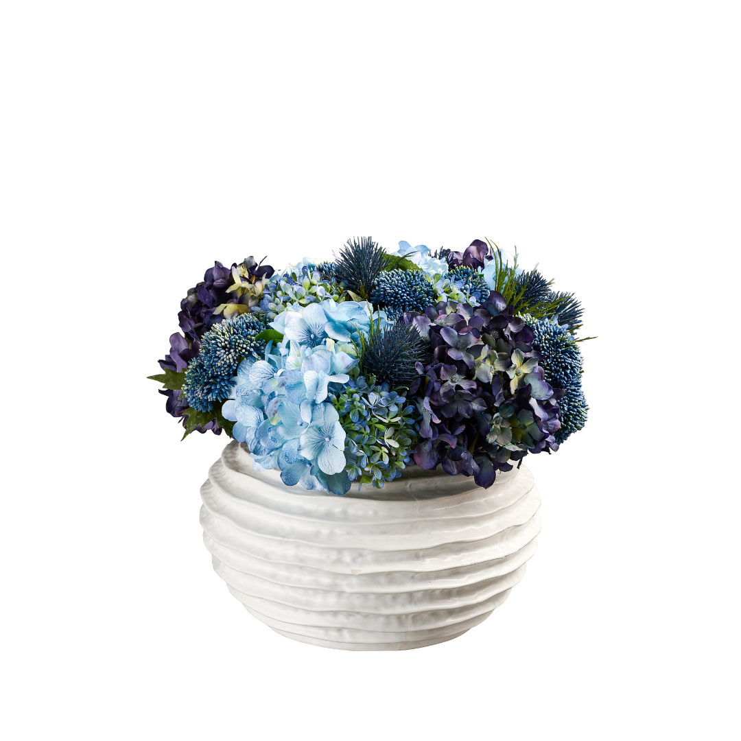 Flaura Dark Blue Hydrangea Sedum in Wavy Pot