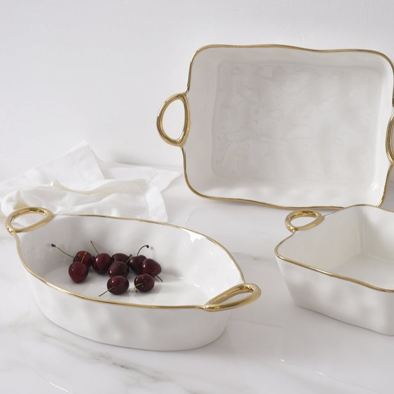 White Porcelain with Gold Handles Oval Baking Dish