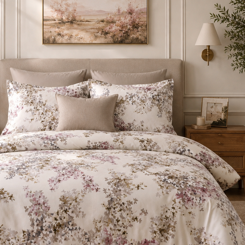 Paradise Mauve floral bedding with soft blush and taupe layers