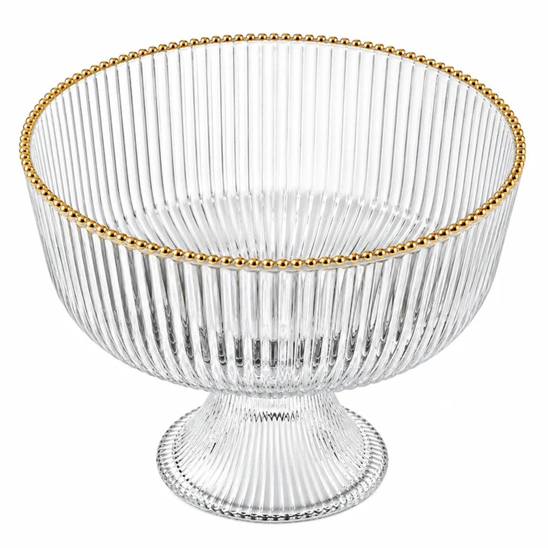 Footed Glass Salad Bowl Straight Cut, Ribbed with Gold Rim