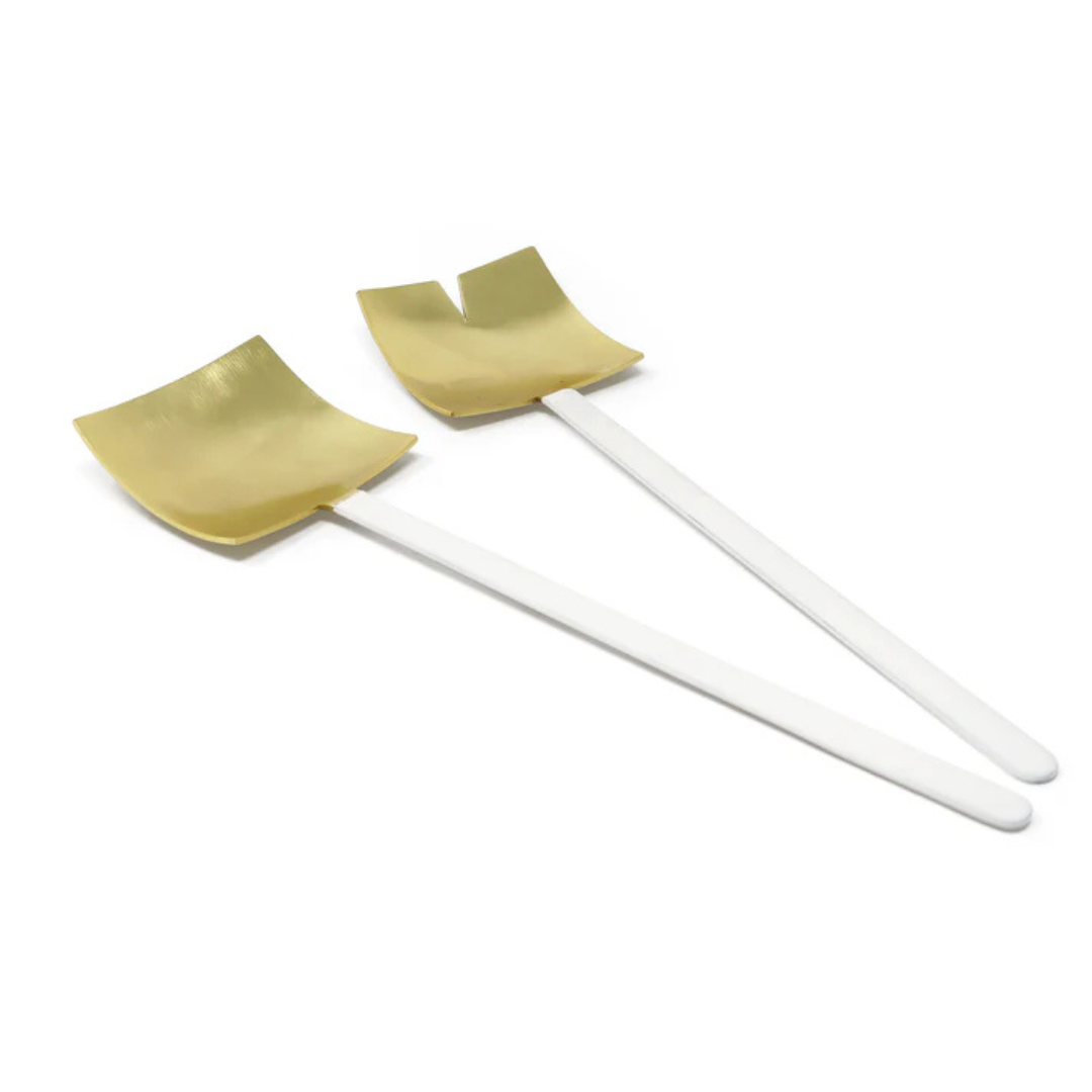 Square Salad Servers Gold with White Handles