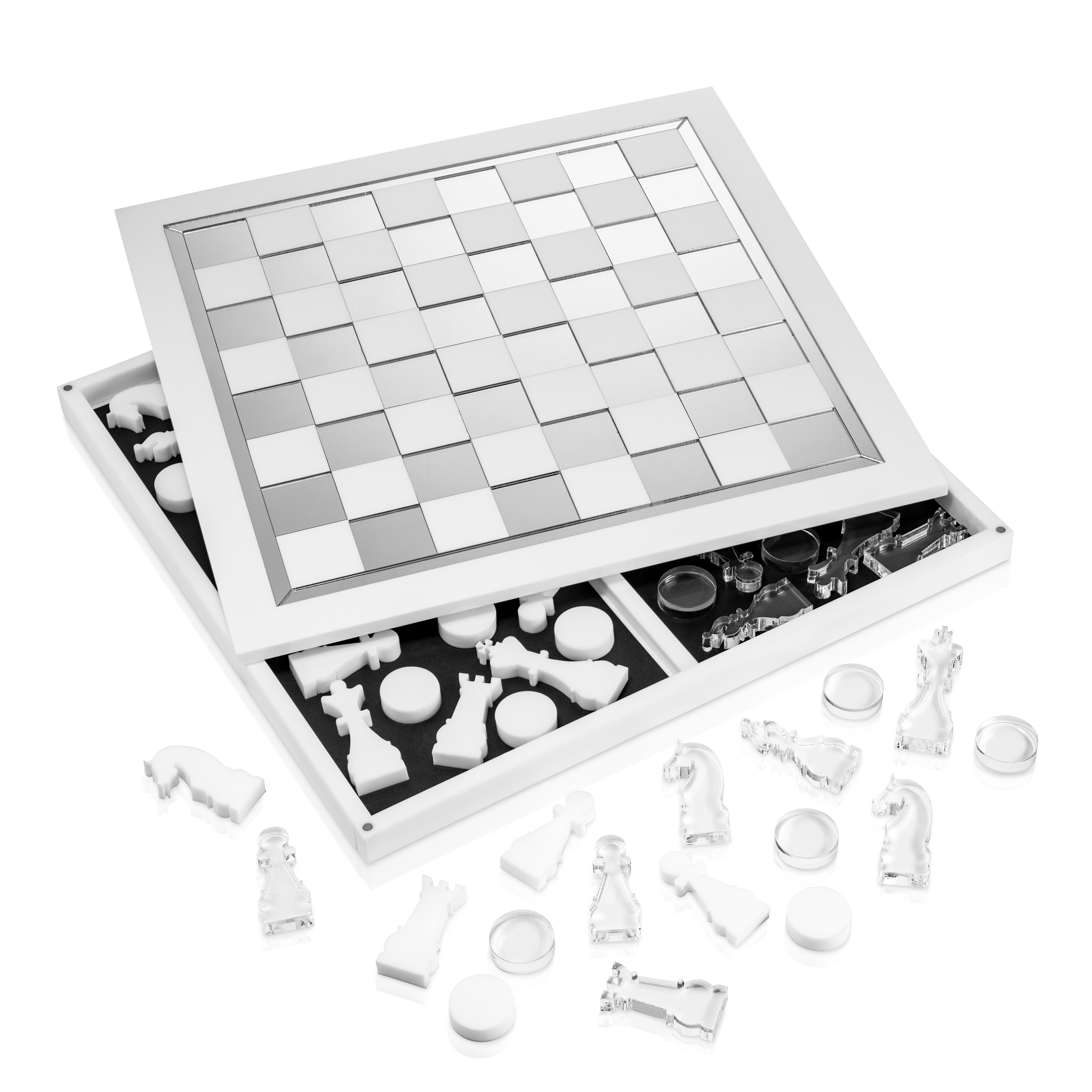 Luxe Silver and White Chess and Checkers Game Set