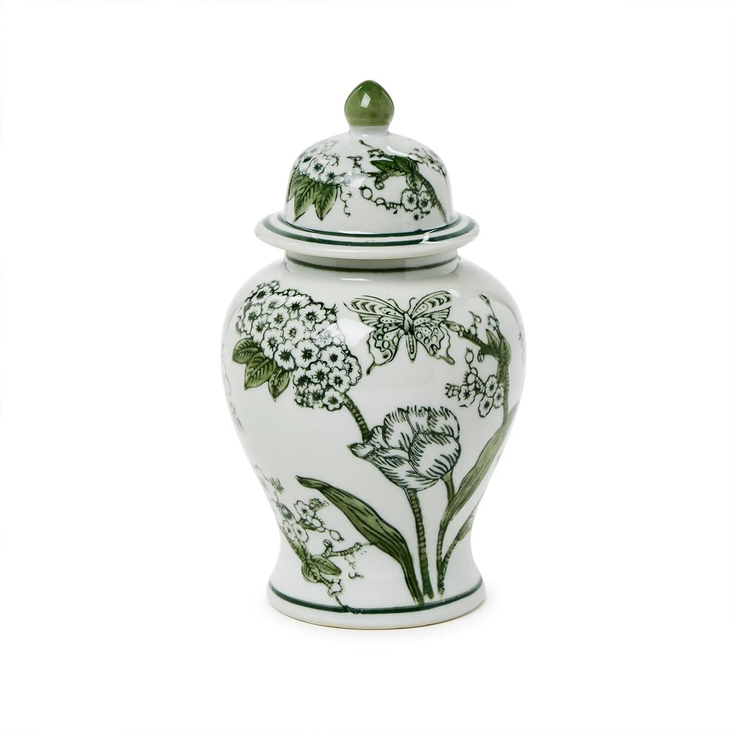 Primrose and Lotus Chinoiserie Hexagonal Jar with Lid- 8"