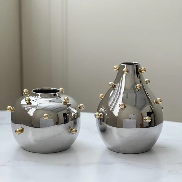 Stainless Steel Vase With Gold Balls- Large