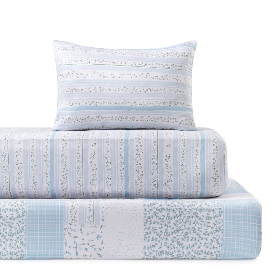 Petite Belle Flora Patchwork Standard Crib Sheet Set- Light Blue/Grey