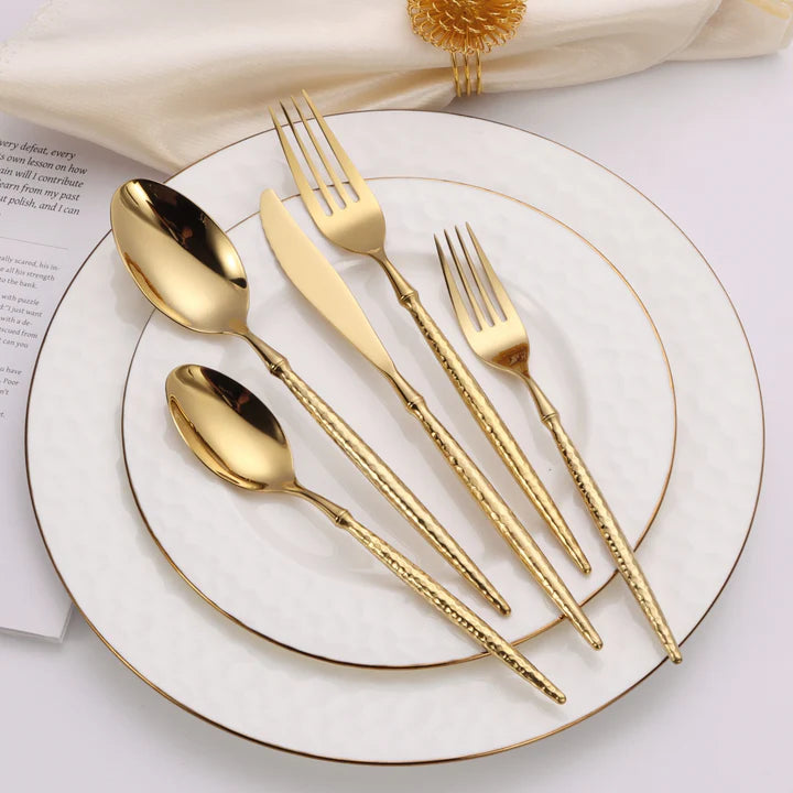 Flatware Set Gold with Hammered Handles