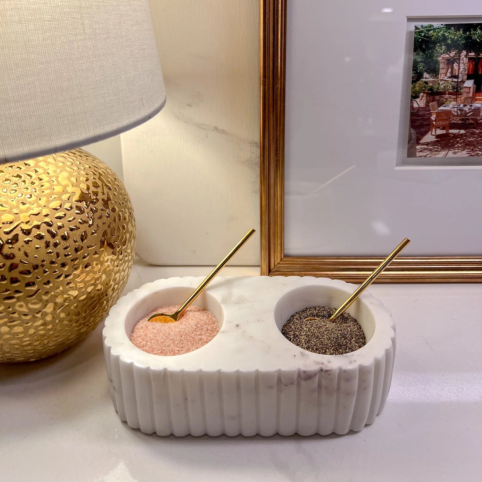 Marble Salt and Pepper Dish with Spoon