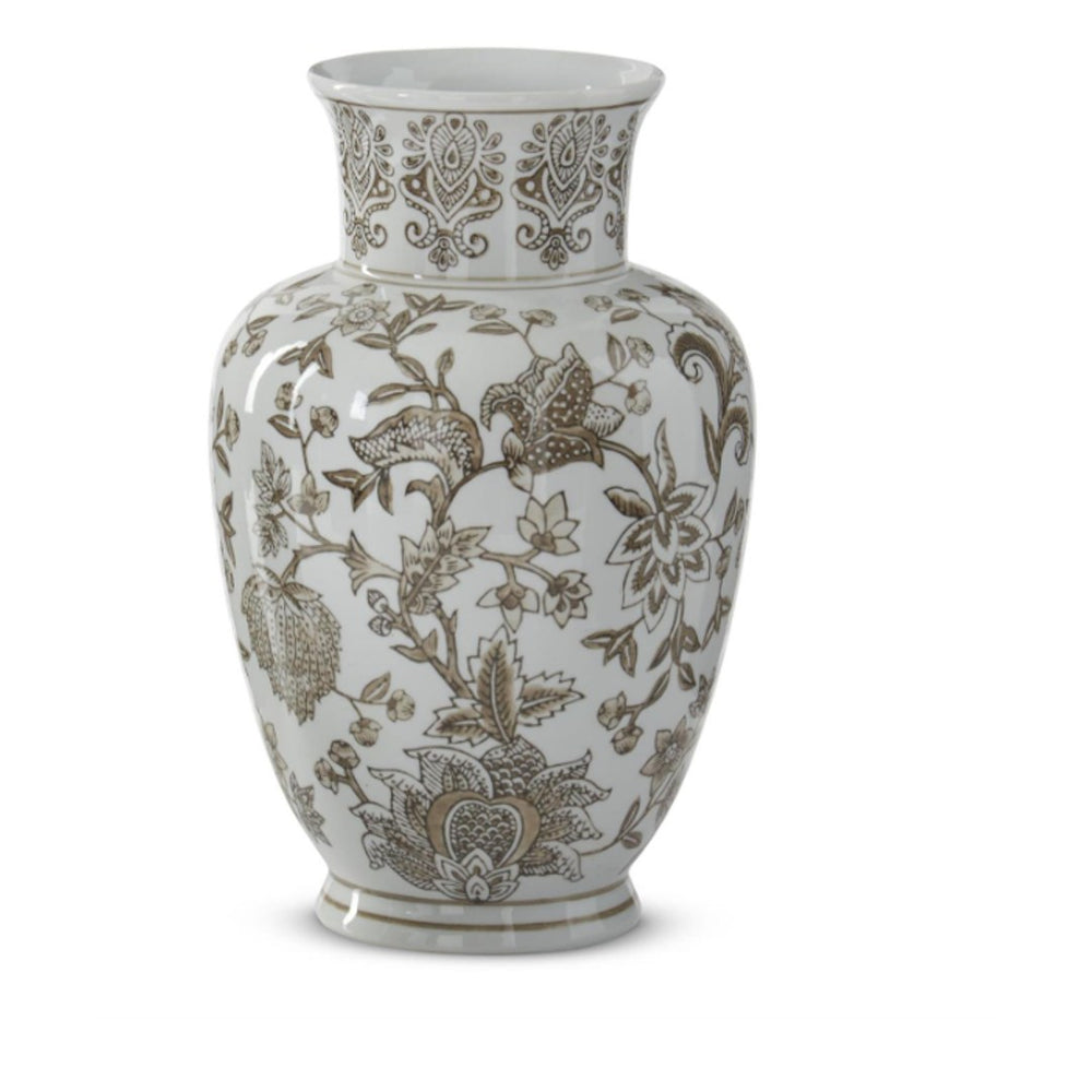 11.75 Inch Taupe & White Porcelain Chinoiserie Vase