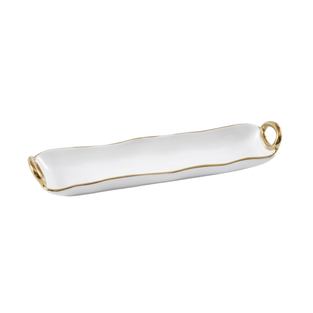 White Porcelain Cracker Tray with Gold Handles