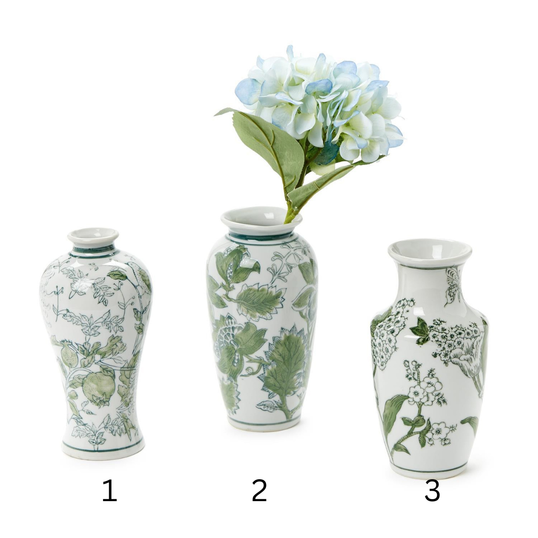 Primrose and Lotus Hand-Painted Green and White Chinoiserie Vases