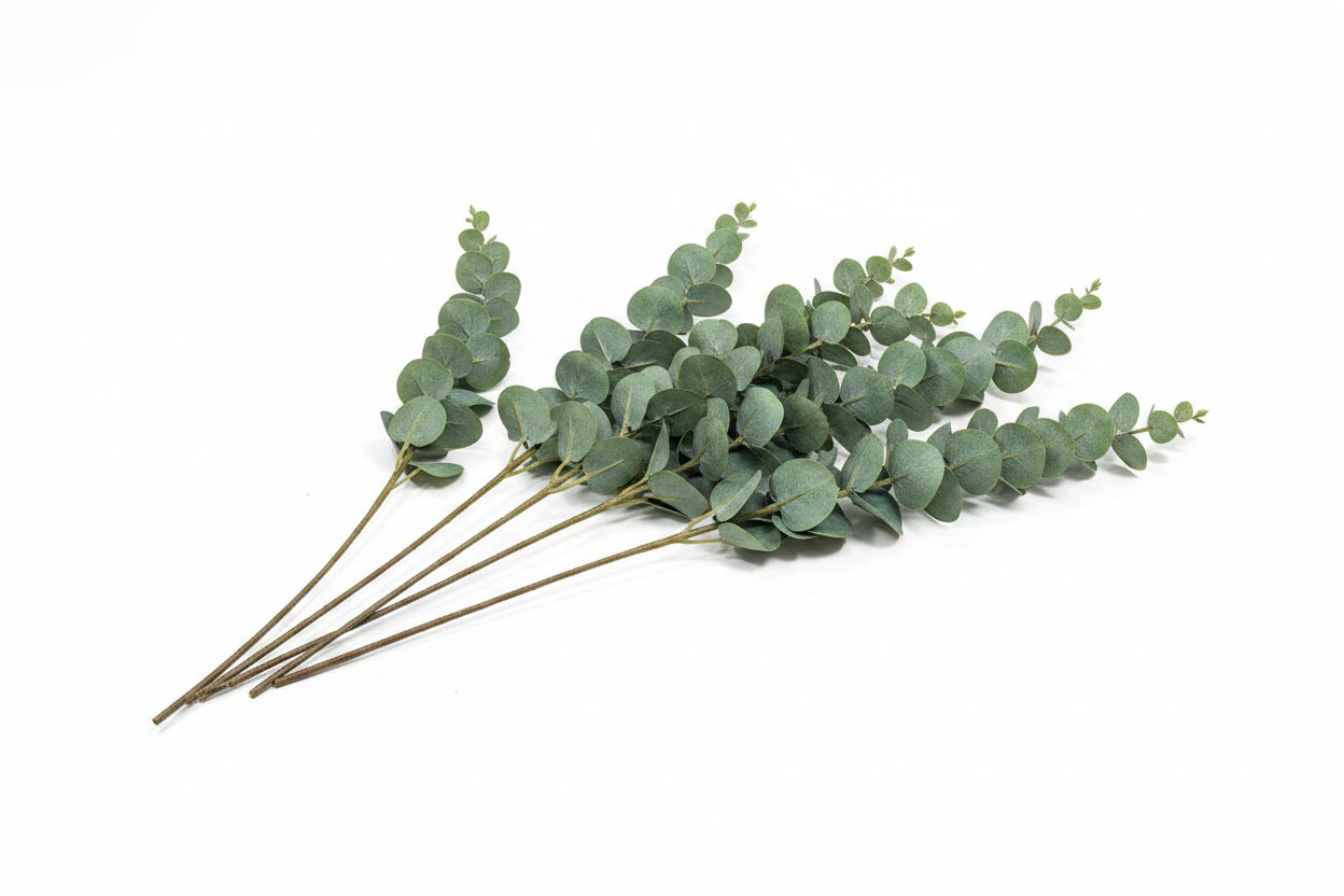 Tall faux eucalyptus spray with silvery-green leaves