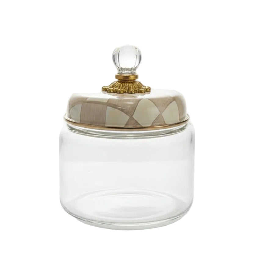 MacKenzie-Childs Mocha Check Glass Kitchen Canister