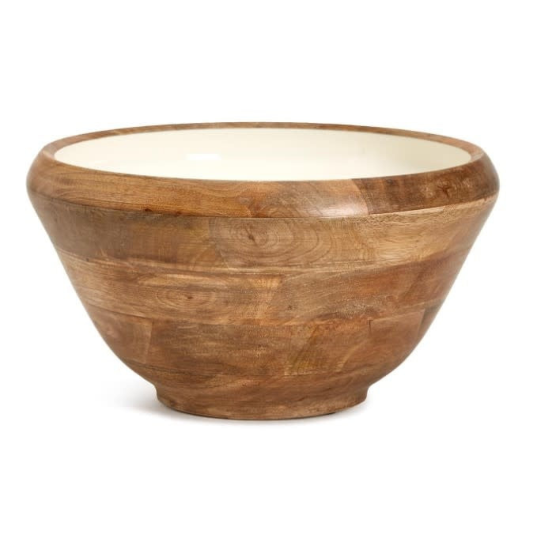Large Hand Crafted Wood Bowl With White Enamel