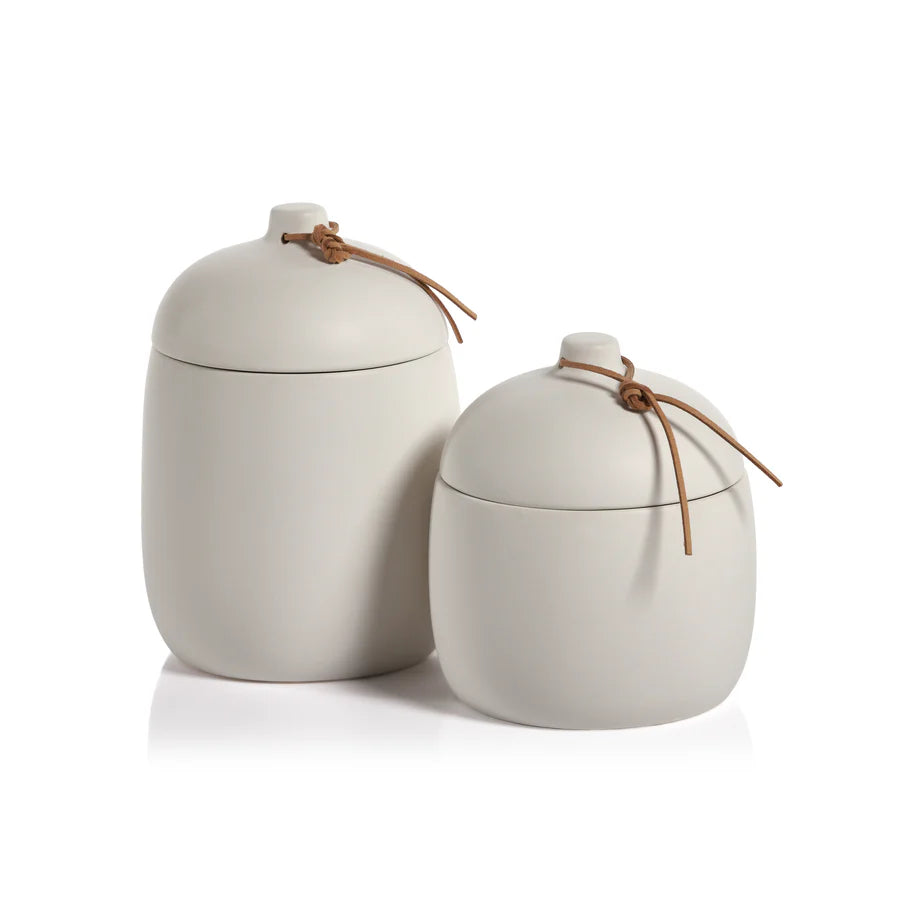 Zodax Prado ceramic canister with leather tie