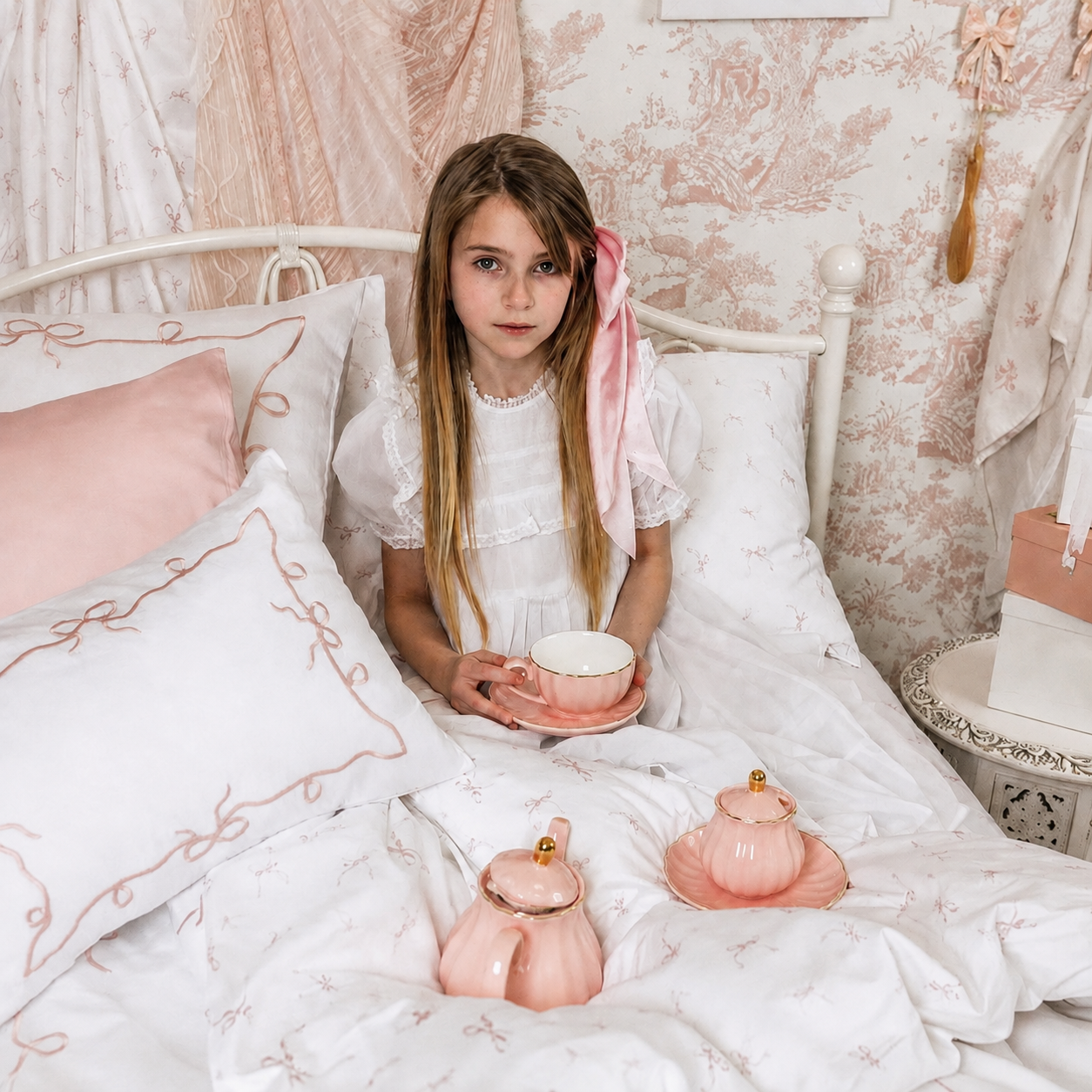 Tea party with Petite Belle bedding and pink porcelain