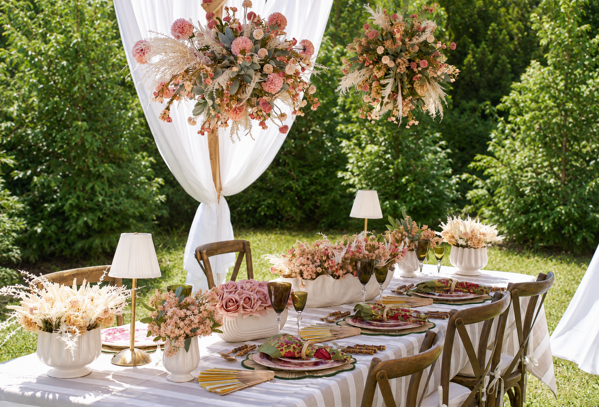 Pink Sukkos table in a green garden with floral chandeliers, layered place settings and white draping
