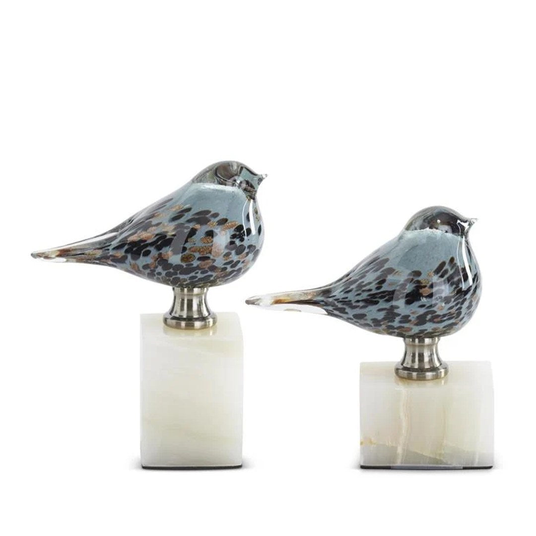 Blue Glass Birds on White Square Marble Bases — Small