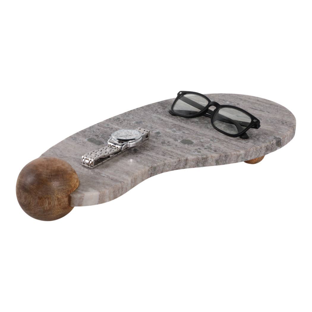 Decorative Tray - Beige Marble Curvy on Wood Ball Feet,17 in