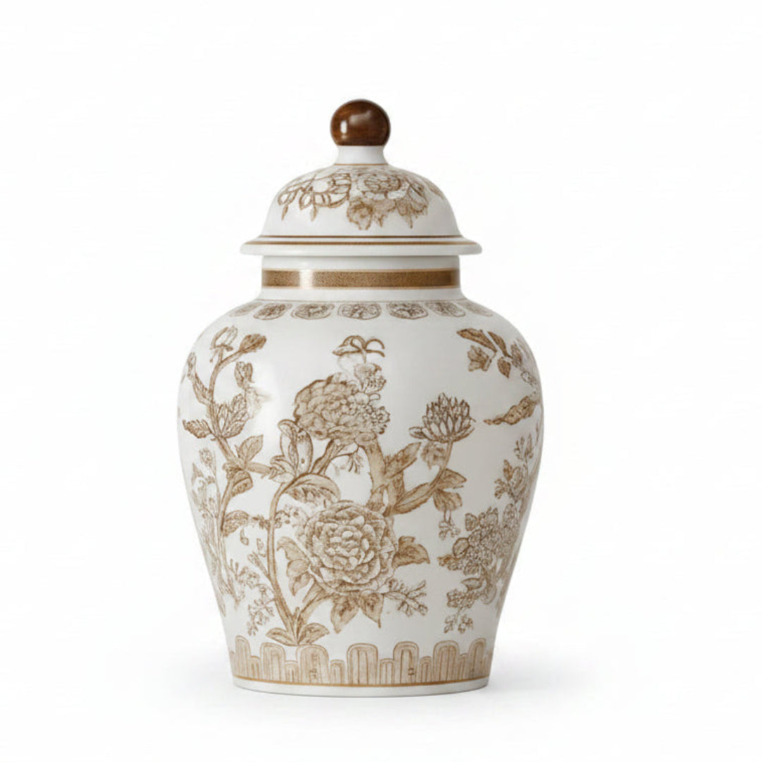 Brown Ceramic Birds and Vine Jar