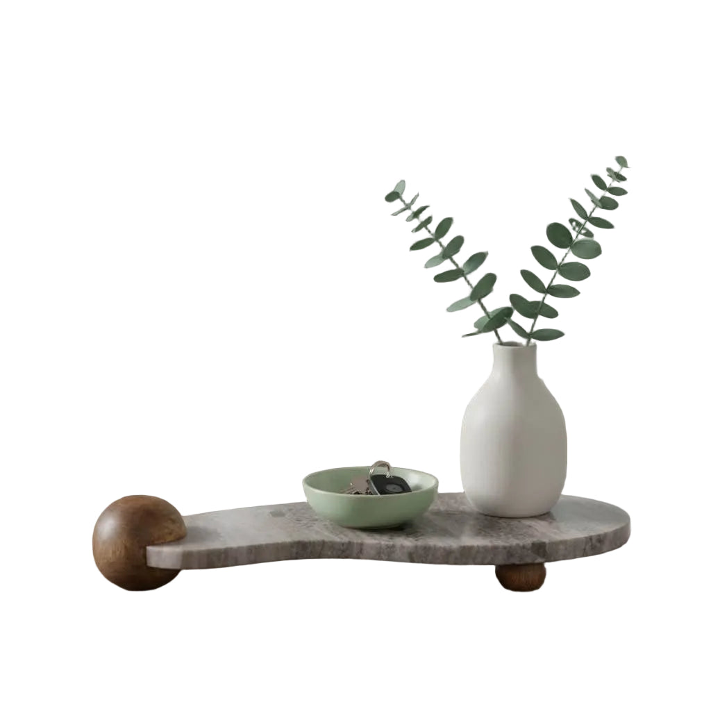 Decorative Tray - Beige Marble Curvy on Wood Ball Feet,17 in