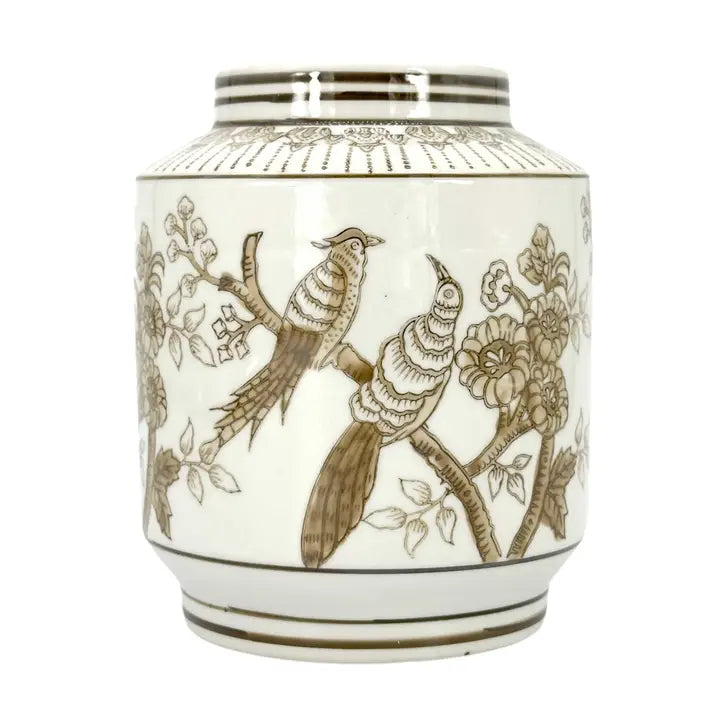 Brown Ceramic Cylinder Chinoiserie Vase