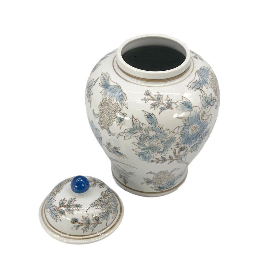 White & Blue Floral Ceramic Chinoiserie Jar