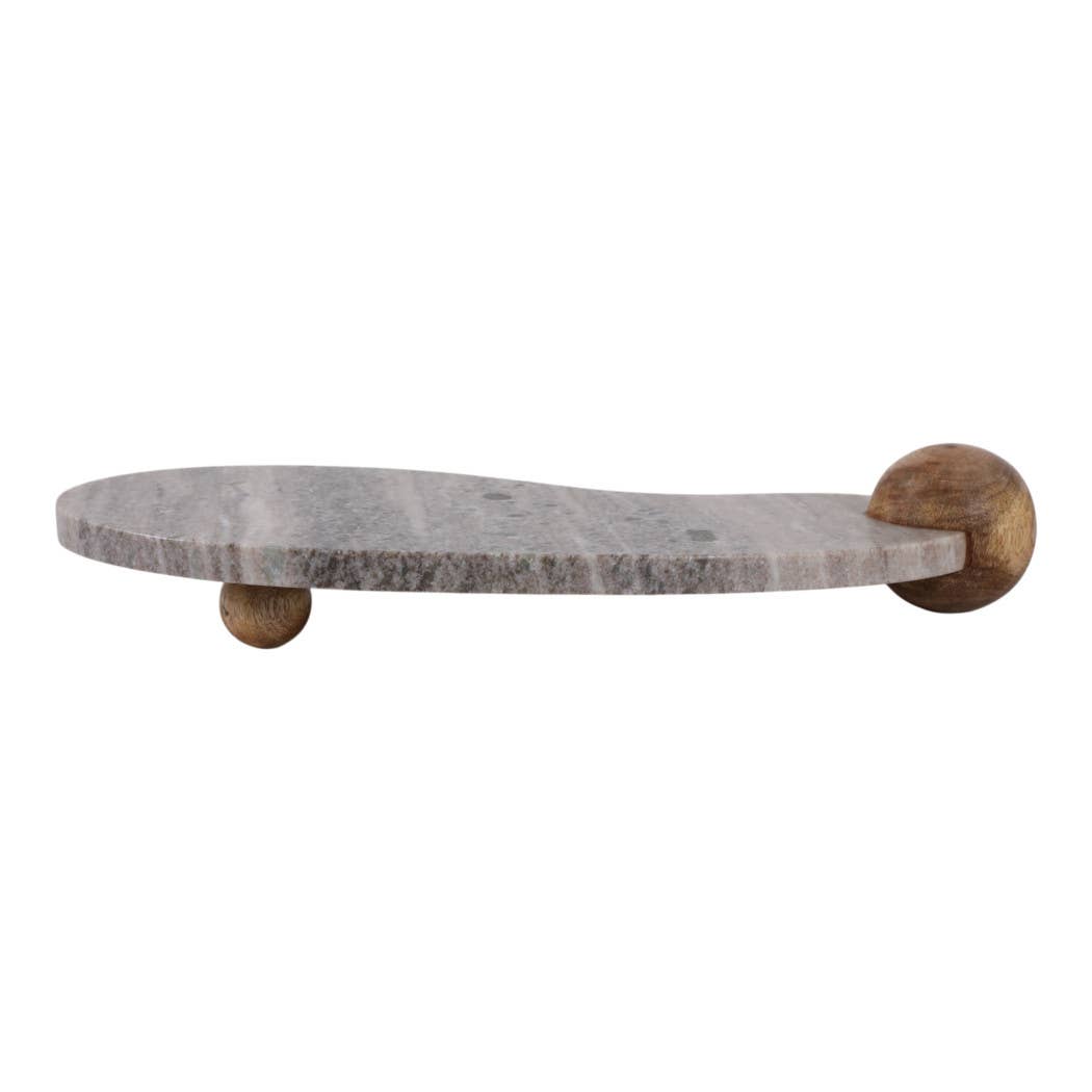 Decorative Tray - Beige Marble Curvy on Wood Ball Feet,17 in