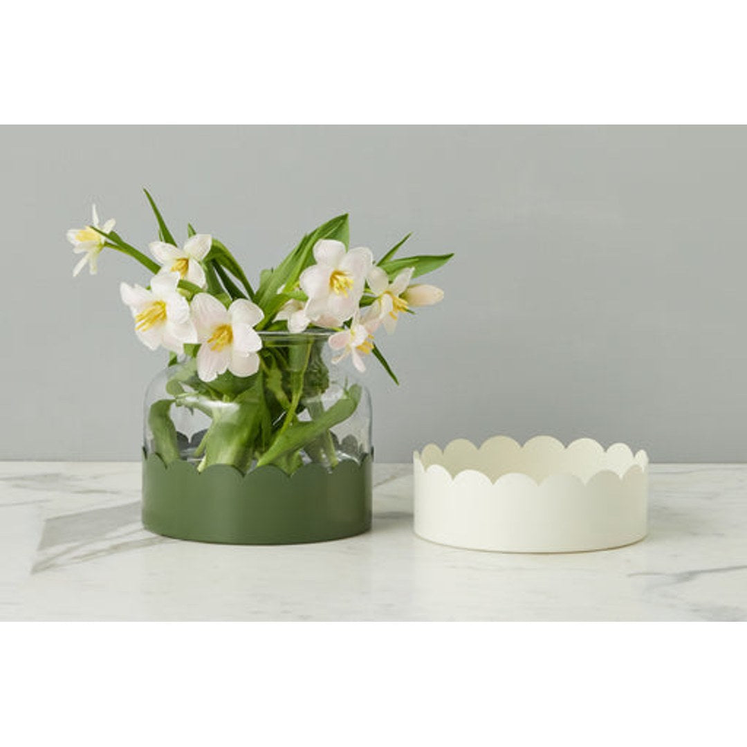 White/Spruce Green 2-in-1 Scalloped Bloom Vase