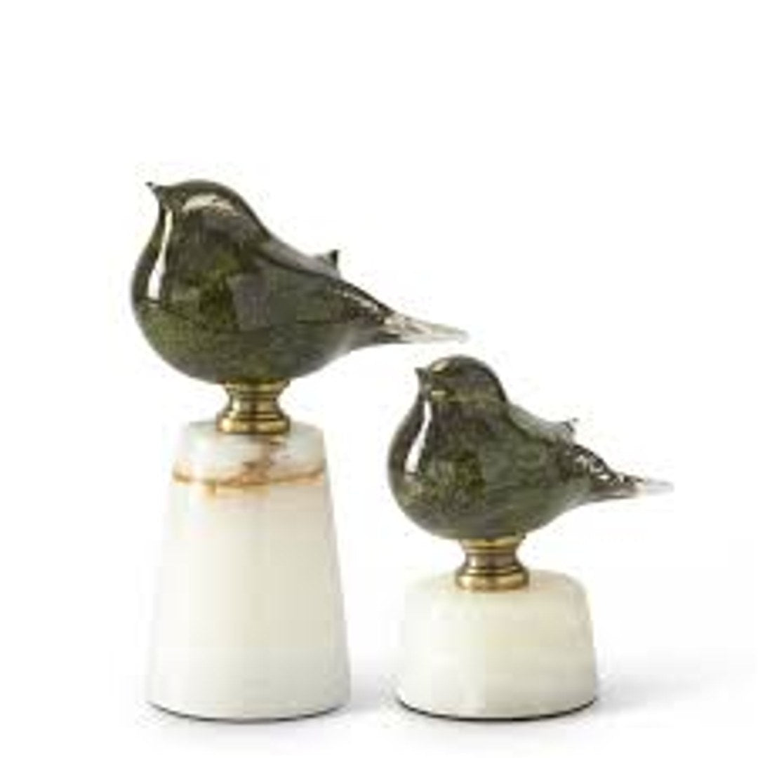 Green Glass Birds on White Marble Bases — Large
