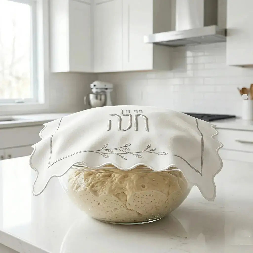 Fabric Hafrashas Challah Cover Leaf White & Rose Gold