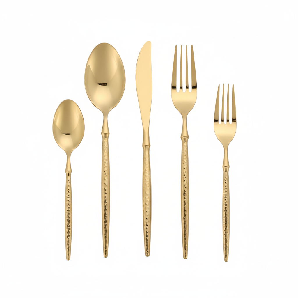 Flatware Set Gold with Hammered Handles