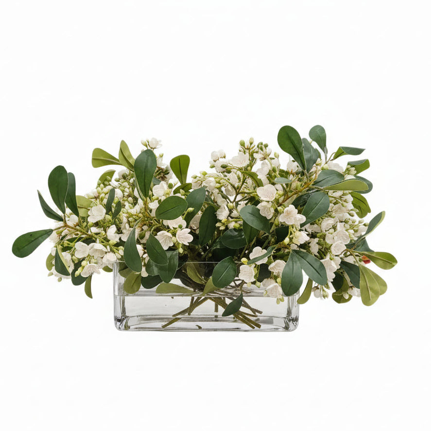 Flaura White Flowers & Stems in Glass Vase