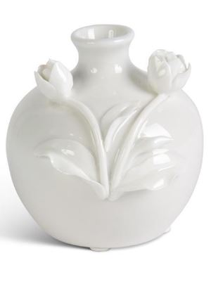 Short White Ceramic Vase with Raised Flowers