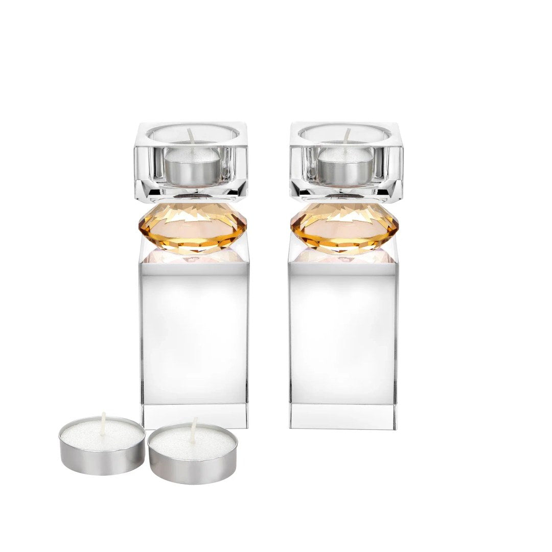 Set of 2 Tall Tea Light Candle Holders with Amber Diamond on Foot 2" x 2" x 5.6"H