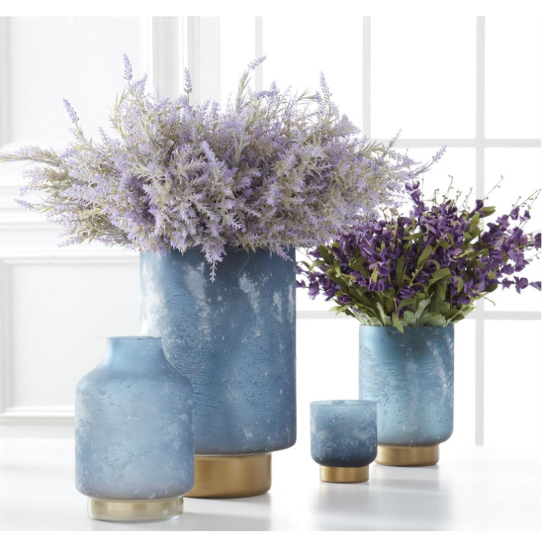 Set of 3 Frosted Blue Glass Containers w/Gold Bases — Large