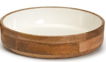 Hand Crafted Wood Round Pedestal Bowls With White Enamel