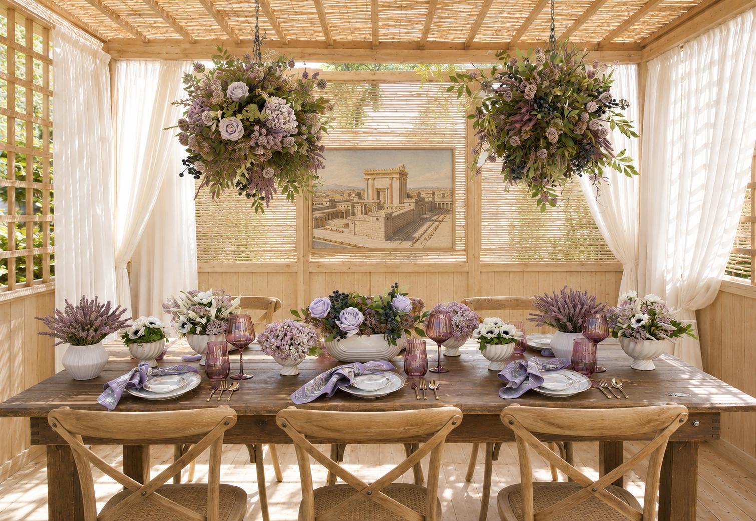 A Sukkos table with lavender florals, purple napkins, and gold flatware